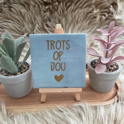 Robuust Wenstegeltje “Trots op Jou” – 10x10cm – Lief Cadeautegeltje met Hartje – Trendy nu – Geslaagd – vriend(in), familie, gezin, zomaar – Decoratief Tegeltje met Standaard – Cadeau Idee