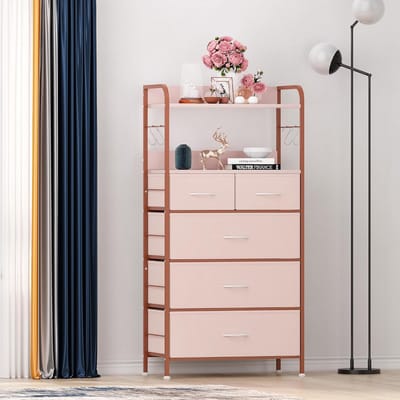Ladekast met 5 Stoffen Lades en 2 Open Planken - Opbergkast met Metalen Frame & Ophanghaken - Voor Slaapkamer, Woonkamer & Hal - 120x60x30 cm - roze