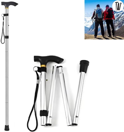Kwaliteit Wandelstok - Verstelbaar en Opvouwbaar - Wandelstokken -Trekking - Loopstok - Hiking -Universele opvouwbare wandelstok - Draagbaar en lichtgewicht - 5 hoogteverstelbare instellingen - 85-95cm uitgevouwen -Opvouwbare wandelstok - zilver