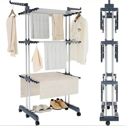 Dailygoods Droogrek 3-laags verstelbare rollende washanger met opvouwbare vleugels Grote kledingdroger met zwenkwielen
