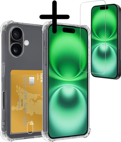Hoesje Geschikt voor Apple iPhone 16 - Met Screenprotector - En Pashouder - En Kaarthouder - Telefoon Hoes Shockproof - Siliconen Case - Back Cover - Shock Proof - Pasjes Houder - Transparant