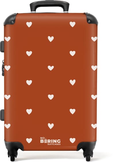 NoBoringSuitcases.com® - Kinderkoffer meisje - Kindertrolley meisjes - Wit hartjespatroon op oranje bruine achtergrond - Koffer kind groot - Rolkoffer lichtgewicht - Reiskoffer met 4 wielen - Grote trolley XL - 20 kg bagage
