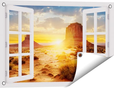 Gards Tuinposter Doorkijk Zonsondergang in Woestijn Monument Valley - 60x40 cm - Tuindoek - Tuindecoratie - Wanddecoratie buiten - Tuinschilderij