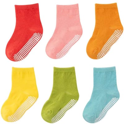 Baby Sokken - 6 Paar - Maat M - Baby Sokjes - Katon - Antislip Sokken - Slofsokken - Warme Sokken - Voor Pasgeboren, Zwangere vrouwen en Baby Cadeau - 1-3 Jaar Oud - Baby Cadeau - Rood, roze, oranje, geel, groen en blauw