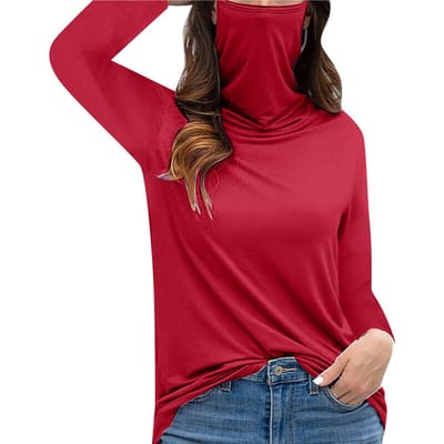 Dames Stofmasker Top met Hoge Hals en Lange Mouwen L rood