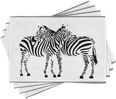 ABAKUHAUS Dierenwereld placemats – Abstract cartoonpaar zebra's, contrasterende strepen, camouflage met dierensilhouetten, tafeldecoratie van kleurvaste stof voor eetkamer en keuken, wit en zwart