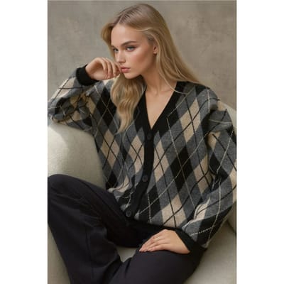 Lange V-hals Geometrische Gebreide Cardigan met Knopen