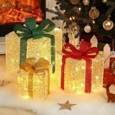 Grote Verlichte Kerstcadeaus Set van 3, Decoraties voor Binnen en Buiten met Afstandsbediening, USB Aansluiting, Witte en Zilveren Presenten met Strikken voor Kerstversiering in Huis en Tuin