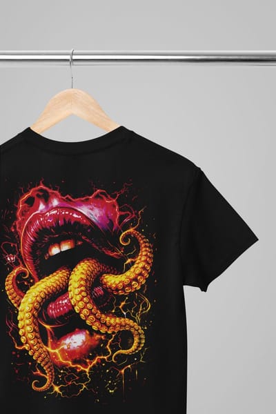 Oversized shirt - Neon octupus - Wurban Wear | Draak | Anime streetwear | Asian streetwear | Streetwear | Geisha | Techno outfit | Fantasy shirt | Gym shirt | y2k | Tattoo | Urban | Grote maten | Japanese mythology | Samurai | Zwart