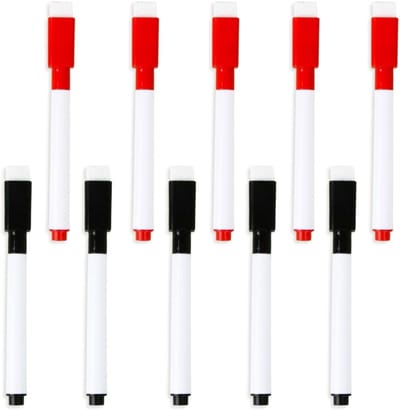 Set van 10 uitwisbare whiteboardmarkers met fijne punt en geïntegreerde gum voor kantoor, school en thuisgebruik