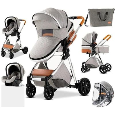 3-in-1 Baby Kinderwagen Combinatie Autostoeltje Kinderwagen Reiswieg Verstelbaar Luiertas Hoge Kwaliteit Paraplu Kinderwagen Lichtgrijs grijs