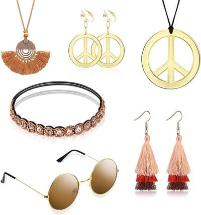 Hippie Kostuum Accessoires Set voor Carnaval, Feest en Festivals - Inclusief Bril, Hoofdband en Oorbellen