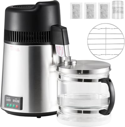 6l 1,6 Gallon Waterdestilleerder, Aanrechtblad voor Zuiver Water met 900w Verwarmingsvermogen, Glazen Opvangpot, Roestvrijstalen Binnenkant voor Schoon Drinkwater, Zilver