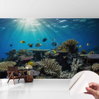 Coloray Zelfklevend Behang - Onderwaterwereld Stickerbehang op rol - 416x254 cm - Blauw Zelfklevend Behang - Voor de badkamer, woonkamer, slaapkamer - Peel-and-stick techniek - Zelfklevend fotobehang