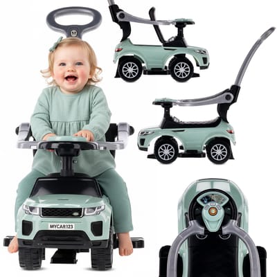 Loopauto kinderauto schuifauto vanaf 1 jaar en duwauto met claxon en muziek, opbergruimte onder de zitting (Salie)