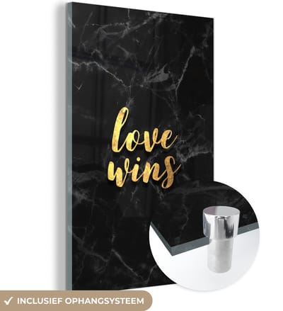 MuchoWow® Glasschilderij 40x60 cm - Schilderij acrylglas - Quote - Love - Marmer - Goud - Foto op glas - Schilderijen