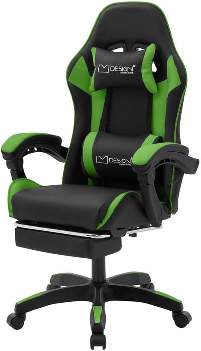Gaming stoel met voetsteun en armleuning zwart-groen, gemaakt van imitatieleer ML design