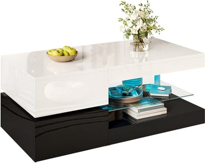 Salontafel - 90x45x35.5 cm - LED Met App En Bluetooth Glasplank Hoogglans Design - MDF - Zwart Wit