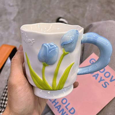 Hoge Waarde en Lichte Luxe Tulp Keramische Kop Creatieve Bloem Meisjes’ Huis Drinkwater Kop Lepel 401-500ml white