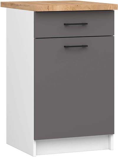 Keukenkast modulaire OLIWIA S50 met Verkblad / Onderkast met 1 Deur en 1 Lade / AKORD Furniture Factory / Wit - Grafietgrijs / 50 x 85 x 46 cm