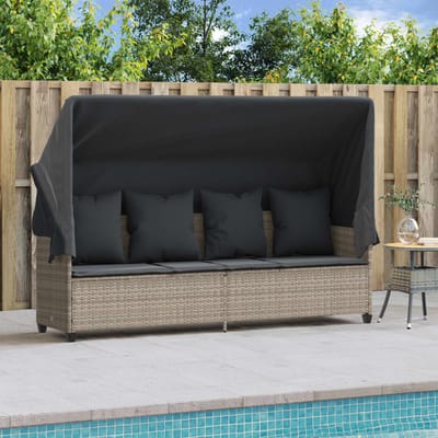 vidaXL - Ligbed - met - luifel - en - kussens - poly - rattan lichtgrijs