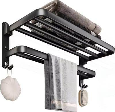 TOJ Inklapbaar Handdoekrek - Handdoekhouder - Doucherek - Badkamer - Hangend / Ophangbaar - Muur - Aluminium - Mat Zwart