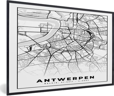 Fotolijst incl. Poster Zwart Wit- België – Antwerpen – Stadskaart – Kaart – Zwart Wit – Plattegrond - 60x40 cm - Posterlijst