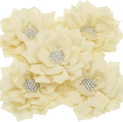 Set van 5x Beige Chiffon Bloemen met Parel en Strass - 9cm Naai-Applicaties voor Knutselen en Decoratie