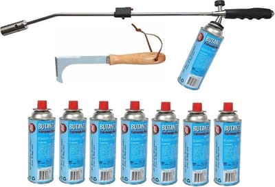 Onkruidbrander / onkruidverdelger op gas + 8x gasbus en onkruidkrabber