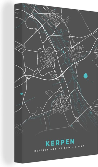 Canvas Schilderij Duitsland – Blauw – Kerpen – Stadskaart – Kaart – Plattegrond - 20x30 cm - Wanddecoratie
