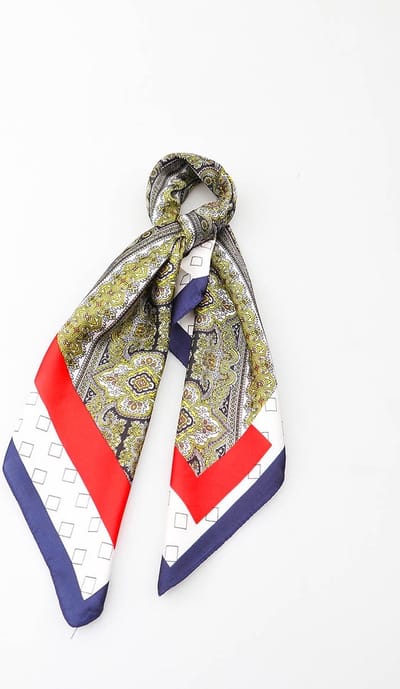 Dames neksjaal Indi fantasiemotief blauw wit rood zwart geel bruin grijs