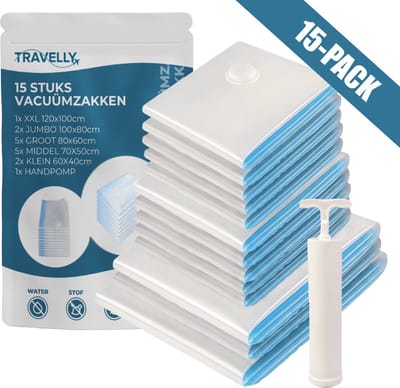 Travelly® Vacuümzakken & Reiszakken Set – Kleding Opbergen & Reizen – Luchtdicht – Inclusief Pomp - Herbruikbaar – Ruimtebesparend – Set van 15 – Transparant