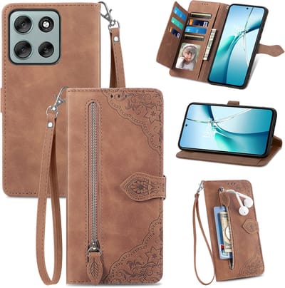 Telestore - Portemonnee met rits - book-case hoesje - 7 pasjes - mandala bloemen bruin - telefoonhoesje geschikt voor Motorola Moto G56 5G