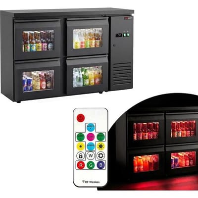 GGM Gastro Bar- & Getränkekühltisch Premium - 1460mm - mit 4 Glasschubladen & RGB-LED Licht