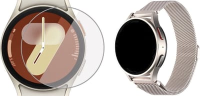 Strap-it Milanese band + Screenprotector geschikt voor Samsung Galaxy Watch 7 40mm / Watch 6 40mm / Watch 5 40mm / Watch 4 40mm / Watch FE - RVS Stalen band - Magnetische sluiting - Sterrenlicht/starlight