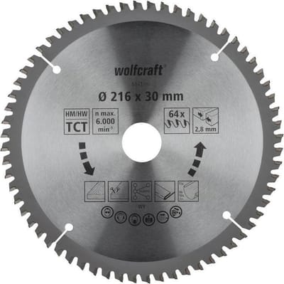 wolfcraft - Zaagblad 216 x 30 mm - 64 Tanden - Kap- en verstekzaagblad HM, serie lila - 6541000