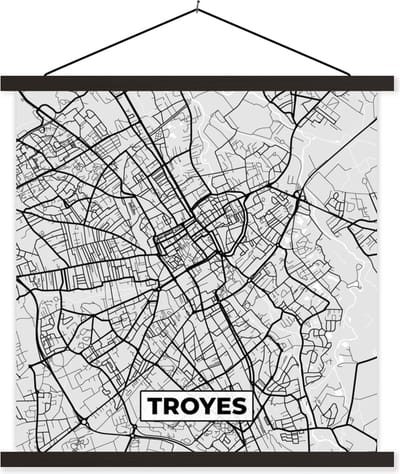 Posterhanger incl. Poster 60x60 cm - Schoolplaat - Kaart - Stadskaart - Troyes - Plattegrond - Frankrijk - Textielposter - Zwarte latten - Stadskaart
