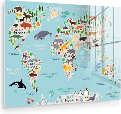 MuchoWow® Glasschilderij 160x120 cm - Schilderij acrylglas - Wereldkaart - Kinderen - Dieren - Blauw - Orka - Walvis - Foto op glas - Muurdecoratie woonkamer - Wanddecoratie slaapkamer - Schilderijen
