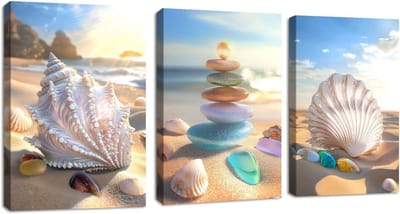 Set van 3 Ingelijste Strandtaferelen: Blauwe Hemel, Zeester en Schelpen