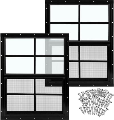 Schuurramen Set - Huisramen - Ventilatie en Licht - Gehard Glas - 2 stuks 18x23 inch - Zwart