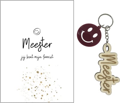 Sleutelhanger en kaartje MEESTER | bruin | smiley | jij bent de coolste | liefste meester | topmeester | einde schooljaar | cadeau