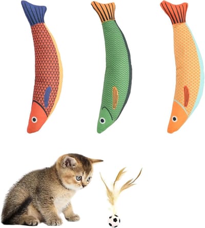 Interactieve Speeltjes voor Katten, 3 Vissen met Catnip en Bel, Inclusief 1 Veerbal voor Speelplezier en Tandverzorging