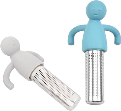 2 stuks schattige fijnmazige thee-infuserballen voor losse thee, roestvrijstalen thee-diffuser met siliconen handvat, theezeefje voor theekopjes, theepotten en mokken (blauw, grijs)