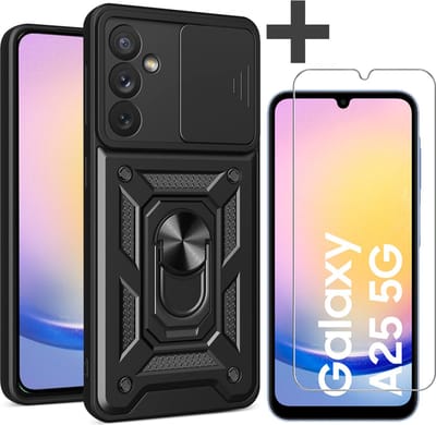 Hoesje met Screenprotector Geschikt voor Samsung Galaxy A25 Met draaibare Ringhouder en camera bescherming - Arara backcover - Zwart