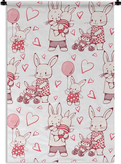 Wandkleed - Wanddoek - Konijnen - Liefde - Patronen - 60x90 cm - Wandtapijt
