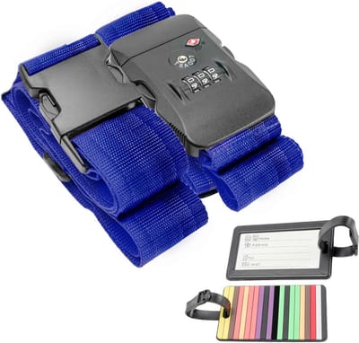 Intirilife Bagageriem met Cijferslot en Naamlabel in Blauw - 200-100 x 5 cm / 145-171 x 5 cm - Koffergordel met Bagagelabel en TSA-cijferslot