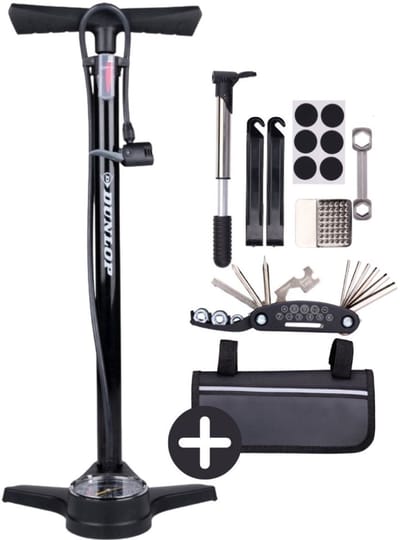 Dunlop Fietspomp met Drukmeter en Fiets Reparatieset 14-delig - Fietsgereedschap met Mini Pomp en Bandenplakkers - Geschikt voor Presta Dunlop Schrader Ventiel - Zwart