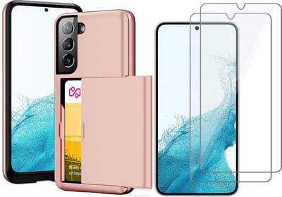 Hoesje met Pasjeshouder geschikt voor Samsung Galaxy S22 - 2x Screen Protector GlassGuard - Back Cover SlideCase Roségoud & Screenprotector