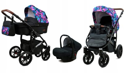 BabyLux® Kinderwagen 3in1 – OPTIMAL - COLORFUL FEATHERS BLACK FRAME - Opklapbare Wandelwagen incl. Reiswieg, Multifunctionele Buggy Sportstoel, Autostoel - Combi-kinderwagen met Luiertas, Regenhoes, Klamboe, Bekerhouder, etc.