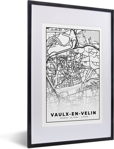 Fotolijst incl. Poster Zwart Wit- Kaart - Stadskaart - Frankrijk - Vaulx-en-Velin - Plattegrond - Zwart wit - 40x60 cm - Posterlijst